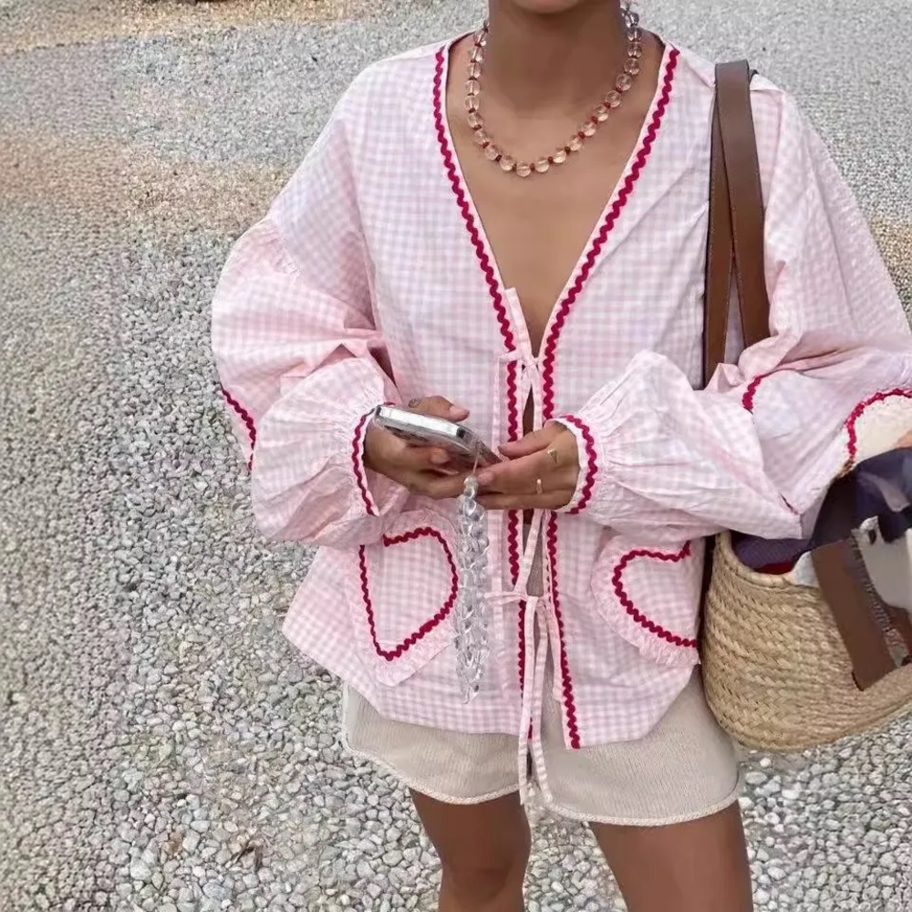 Woman’s Pink Tie Front |Puff long sleeve | Casual Shirt | Heart Pockets| Medium